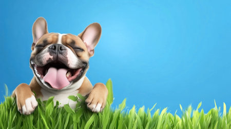 Happy bulldog laughing joyfully on fresh grass against clear sky.の素材