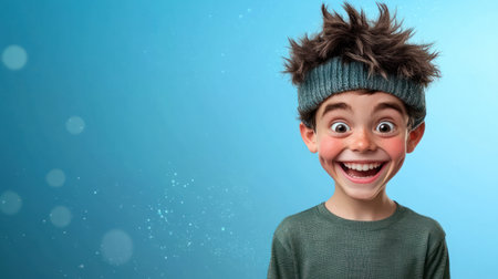 Excited boy with exaggerated eyes shows amazement on colorful background.の素材