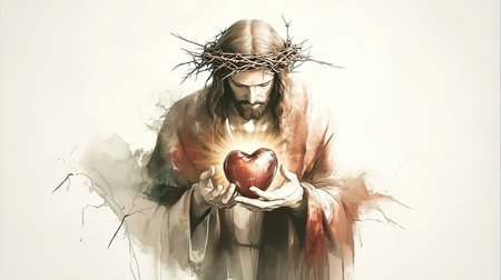 Artistic depiction of Jesus Christ holding a radiant heart, symbolizing love and divinity.の素材