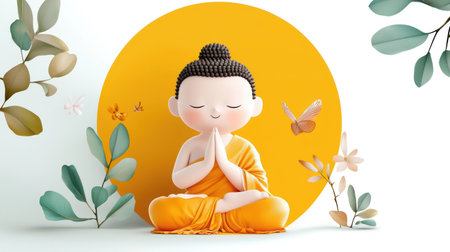 Cheerful cartoon Buddha in meditative pose on a plain background.の素材