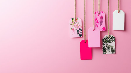Decorative pink tags adorned with spring blossoms in a photorealistic 3Dの素材