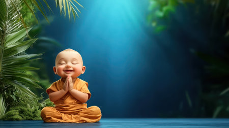 Adorable cartoon Buddha smiling and meditating happily in a peaceful tropical background.の素材