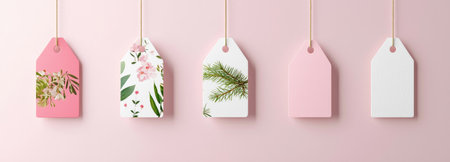Decorative pink tags adorned with spring blossoms in a photorealistic 3Dの素材