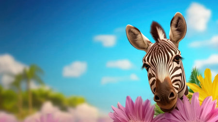 Friendly zebra portrait with bright colorful flowers in tropical paradise.の素材