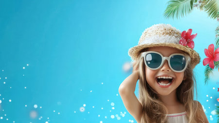 Happy young Caucasian girl in floral dress and straw hat smiles brightly with tropical flowers.の素材