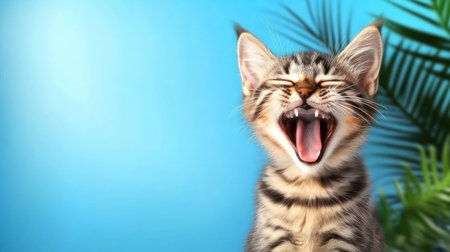 Playful tabby kitten with open mouth and closed eyes near green leaves.の素材