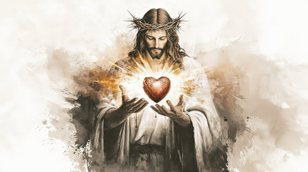 Artistic depiction of Jesus Christ holding a radiant heart, symbolizing love and divinity.の素材