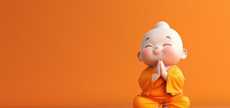 Cheerful cartoon Buddha in meditative pose on a plain background.の素材