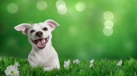 Cheerful white puppy smiling joyfully while relaxing on fresh green grass.の素材