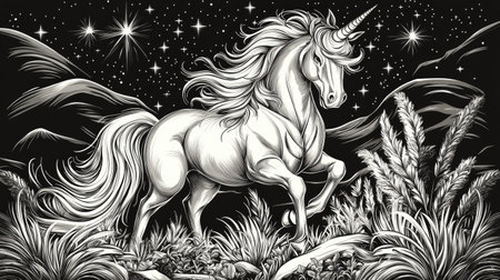A majestic unicorn stands in a glowing mountain valley at sunrise in monochrome style.の素材