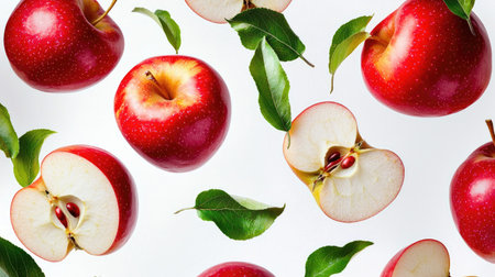 Whole and sliced red apples with green leaves and seeds create a modern pattern on white.の素材