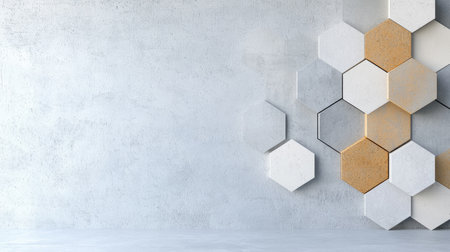 A modern 3D hexagonal wall art design featuring a clean, white minimalist bas-relief texture.の素材