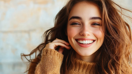 Young woman laughing joyfully in cozy sweater on city street.の素材