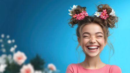 Young girl with floral hair buns and pink top laughing brightly.の素材