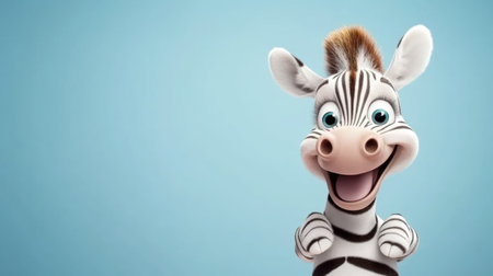 Cartoon zebra smiling widely with funny joyful expression in studio setting.の素材