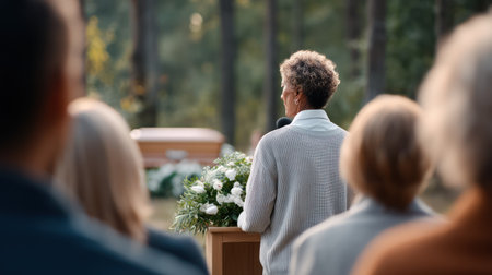 Woman Speaking at Podium with Flowers, Cemetery. A.I.の素材