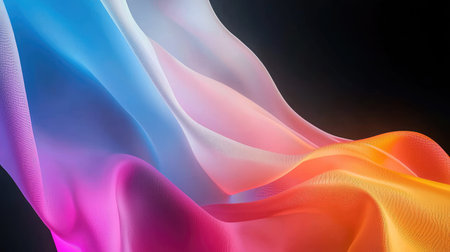 A digital artwork featuring smooth, flowing fabric-like waves in vibrant pink, orange, and blue against a dark background.の素材