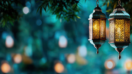 Golden Arabian lanterns glowing brightly against a luxurious festive outdoor background for Islamic New Year.の素材