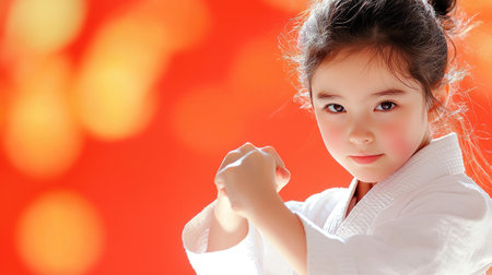 Portrait of determined young Asian girl performing a karate punch.の素材