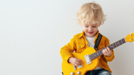 Cheerful young blond Caucasian boy playing yellow electric guitar, seated casually on a white studio background.の素材