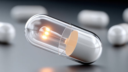 Futuristic glowing AI-enhanced capsule swiftly revolutionizing global modern healthcare innovation.の素材