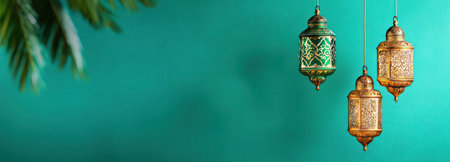 Luxurious Arabian background with ornate glowing lanterns for Islamic New Year and Muharram celebrations.の素材