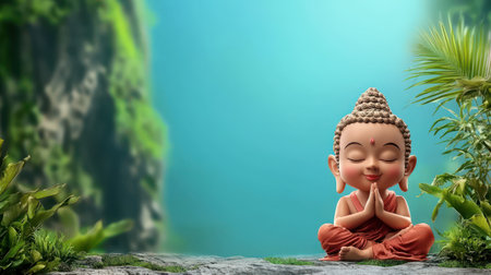 Cheerful young cartoon Buddha peacefully meditating beside calming tropical waters.の素材