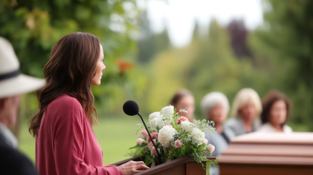 Woman Speaking at Podium with Flowers, Cemetery. A.I.の素材