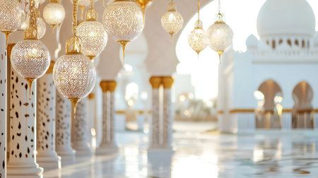 Luxurious golden lanterns illuminate grand Arabian architecture for Islamic New Year and Muharram celebrations.の素材