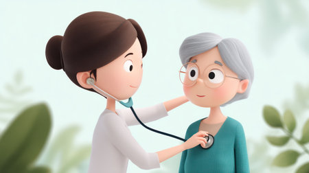 Cheerful cartoon illustration of a young female doctor examining an elderly woman with a stethoscope in a bright outdoor setting.の素材