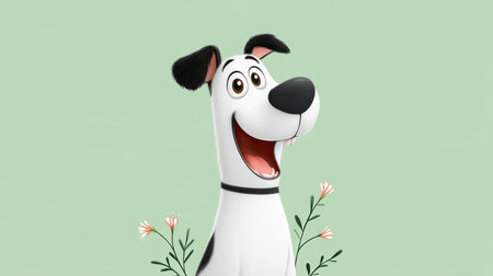 Charming white cartoon dog with black ears smiling joyfully among small flowers on a soft green background, ideal for cheerful pet designs.の素材