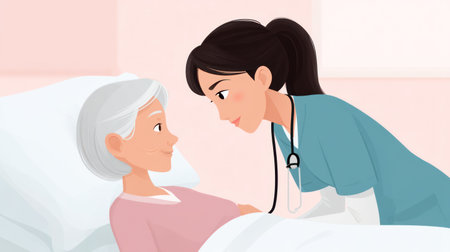 Friendly cartoon illustration of a young female nurse with dark hair smiling warmly at an elderly woman patient in a hospital setting.の素材