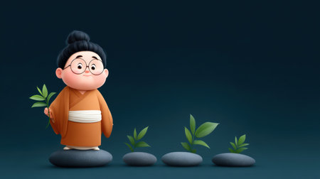 Cute cartoon Buddha character standing on a stone while holding a green plant, set against a mystical dark green forest background.の素材