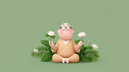 Cute cartoon Buddha character smiling while holding two white lotus flowers, surrounded by green leaves on a soft green background.の素材