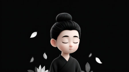 Cute cartoon Buddha character meditating peacefully on a black background with white falling leaves, perfect for spirituality, meditation, and Asian cultural themes.の素材