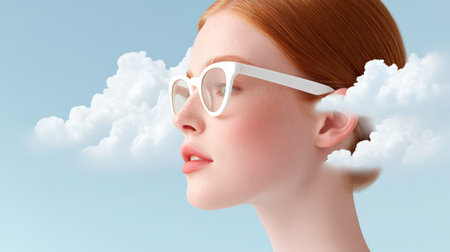 Artistic retro collage of an elegant young Caucasian woman wearing white sunglasses with dreamy clouds and a clear blue sky background.の素材