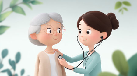 Cheerful cartoon illustration of a young female doctor examining an elderly woman with a stethoscope in a bright outdoor setting.の素材