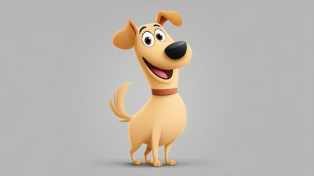 Cheerful yellow cartoon dog smiling happily while standing on a light gray background, perfect for pet themes and joyful illustrations.の素材