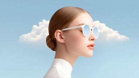 Artistic retro collage of an elegant young Caucasian woman wearing white sunglasses with dreamy clouds and a clear blue sky background.の素材