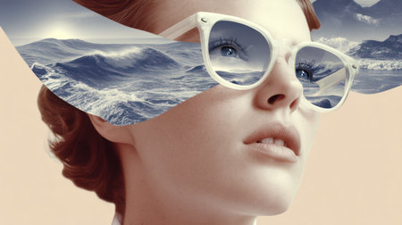 Artistic retro collage of a dreamy young Caucasian woman wearing white sunglasses with ocean waves blending into a surreal background.の素材