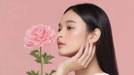 Portrait of a young Asian woman gently touching her face with pink flowers, isolated on pink background.の素材