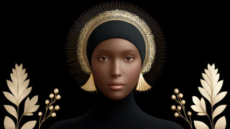 Striking contemporary digital portrait of the Black Madonna with a golden halo and ornate iconographic details, blending sacred art tradition and modern design perfect for Christmas, Easter, and religious decor.の素材