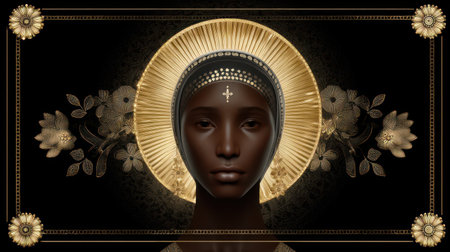 Striking contemporary digital portrait of the Black Madonna with a golden halo and ornate iconographic details, blending sacred art tradition and modern design perfect for Christmas, Easter, and religious decor.の素材