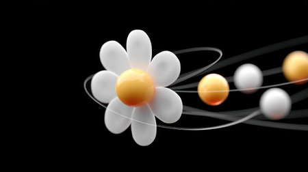 A stylized white flower design fused with orbiting quantum particles.の素材