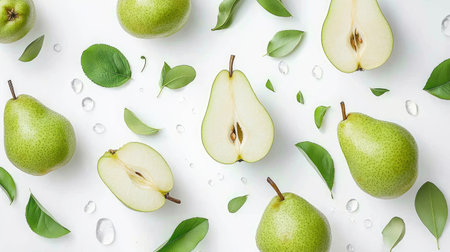 Green pears, both whole and sliced, are arranged with leaves on a white background.の素材
