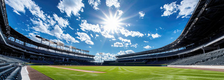 A wide view of a modern baseball stadium beneath a bright sky, capturing the anticipation of the upcoming game.の素材