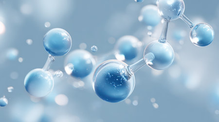 3D rendering of hyaluronic acid molecule floating in light blue space.の素材