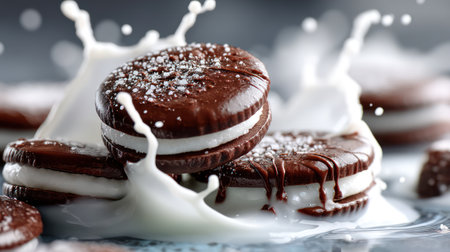 Chocolate sandwich cookies splashing into fresh milk, delicious dessert concept.の素材