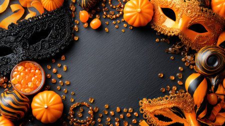 Creative flat lay with orange and black masks, candy, and Halloween-themed festive decorations on a dark surface.の素材