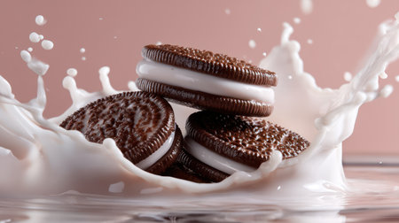 Chocolate sandwich cookies splashing into fresh milk, delicious dessert concept.の素材